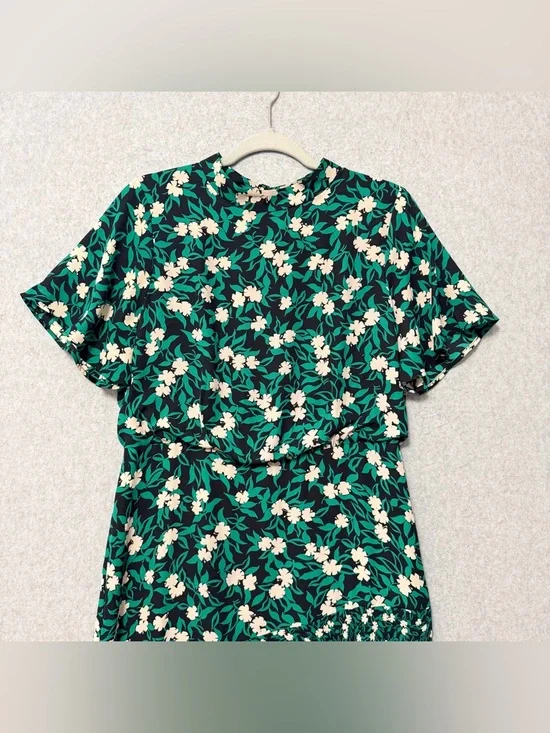 Ann Taylor Mixed Floral Flare Dress NWT Size 10 Green Blouson Short Sleeve Midi - Picture 4 of 10